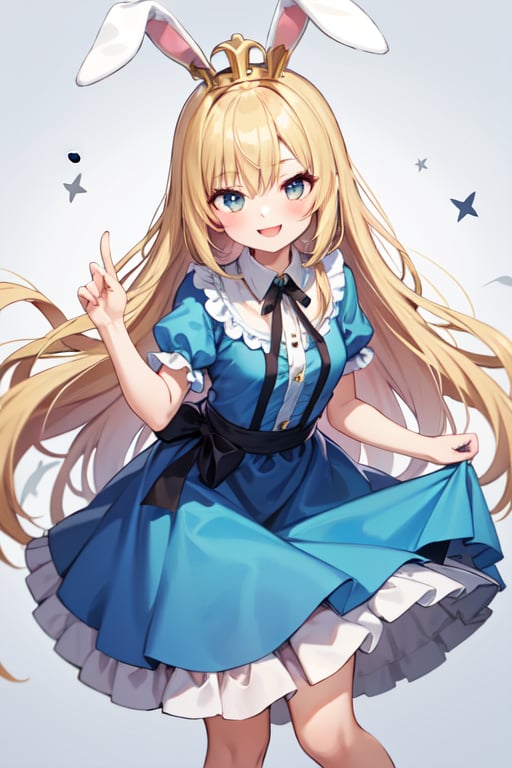 mature girl, blue dress of alice from alice in wonderland, yellow hair, black ribbon on hair, rabbit ears, blonde hair, straight hair, long hair, smile, girl, wear queen crown