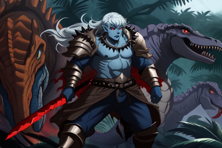 role play game, DND, male drow elf with blue skin , intimidating face, dinosaur rider, muscled, fullbody, long white hair, with sword like berserk, hd, 4k,full cloth armor, in a jungle full of dinosaurs, red eyes, first plane, spikes in the armor, level 1 basic clothes