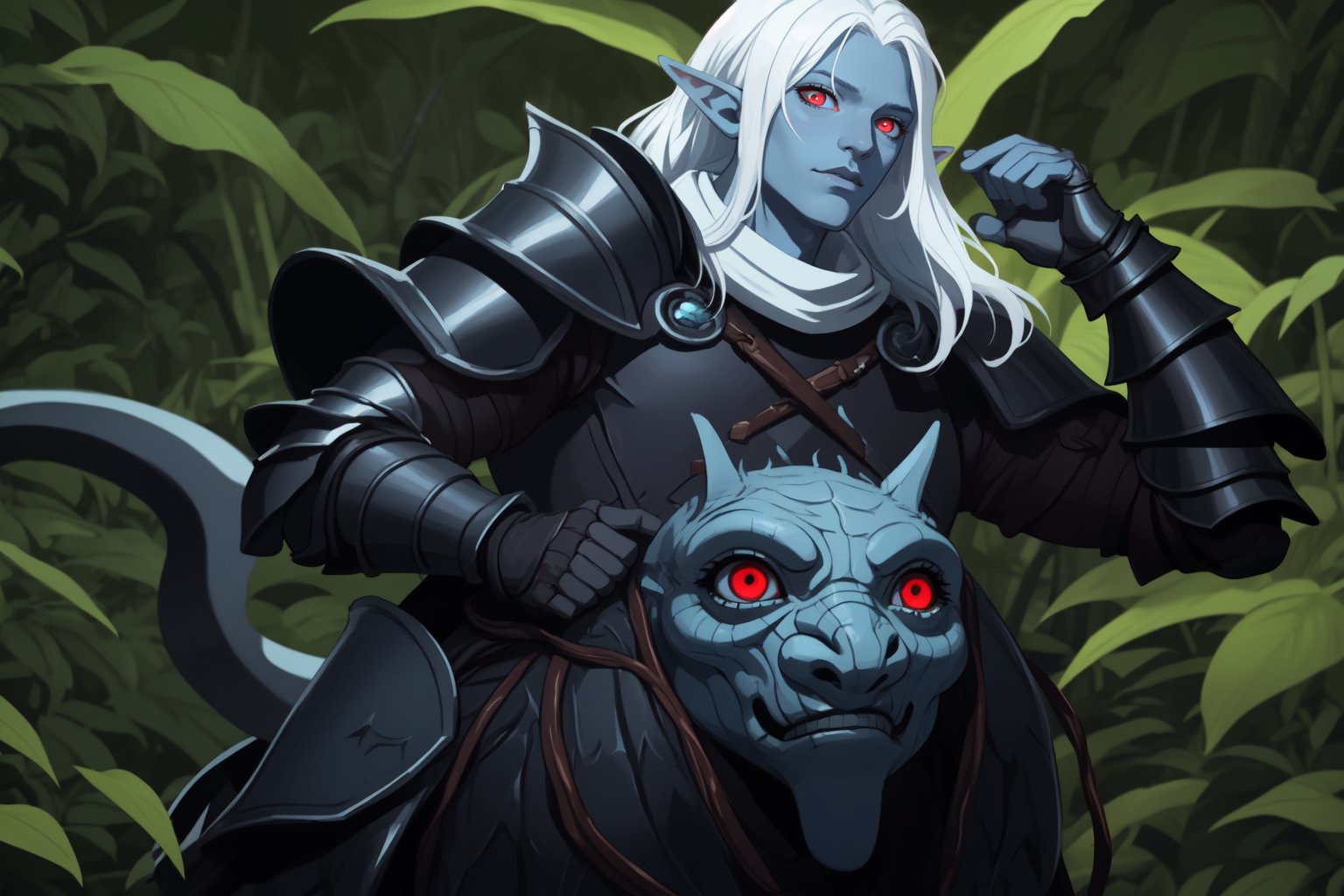 role play game, DND, male drow elf with blue skin, long white hair, art of berserk 1997, hd, 4k,full cloth armor, in a jungle full of dinosaurs, full chainmail armor, basic leather armor, red eyes, riding dinosaurs