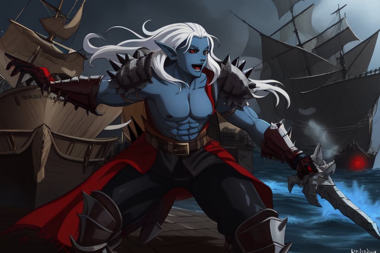 role play game, DND, drow elf with blue skin , muscled, fullbody, long white hair, with sword like berserk, hd, 4k, fullplate black and red armor, in a pirate ship, red eyes, first plane, spikes in the armor, level 1 basic clothes, lineage 2 artstyle