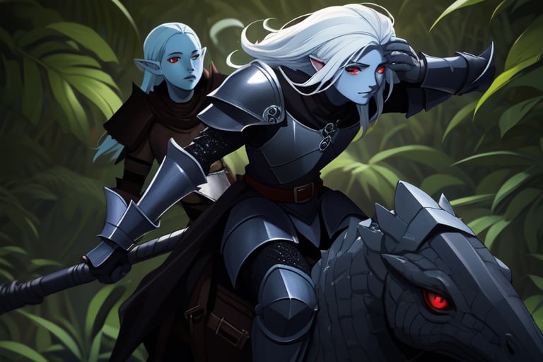 wallpaper, role play game, DND, only male, drow elf with blue skin, long white hair, art of berserk 1997, hd, 4k,full cloth armor, in a jungle full of dinosaurs, full chainmail armor without shoulderplates, basic leather armor, red eyes, riding dinosaurs, wide image, ultra angular, panoramic, two longswords 