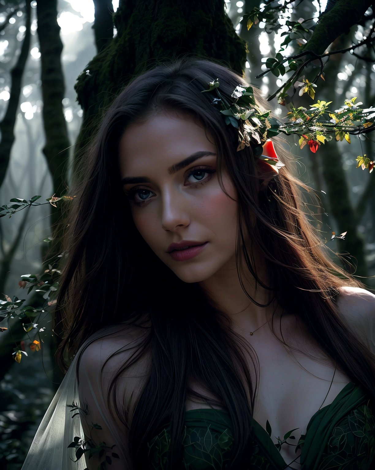 photorealistic, raw photo, stunningly photo of beautiful elf woman, goddess of nature, sexy see-through sheer, intricate elf gown, perfect body, detailed skin texture and pores, in wonderful fantasy forest, mist, intricate, magical atmospheric scene, wind blow. flowing hair, flowing leaf, light particles, bokeh, bloom, film grain, red theme, dramatic cinematic LUT,chuuChloe