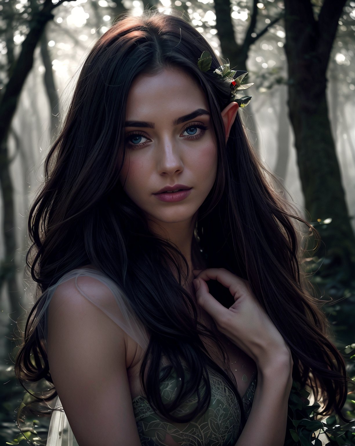 photorealistic, raw photo, stunningly photo of beautiful elf woman, goddess of nature, sexy see-through sheer, intricate elf gown, perfect body, detailed skin texture and pores, in wonderful fantasy forest, mist, intricate, magical atmospheric scene, wind blow. flowing hair, flowing leaf, light particles, bokeh, bloom, film grain, red theme, dramatic cinematic LUT,chuuChloe