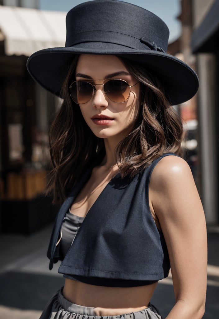 Sunglasses.New Look .Long curly hair.1950s European and American hats.gorgeous female.Floor length skirt.looking at viewer, portrait, photography, detailed skin, realistic, photo-realistic, 8k, highly detailed, full length frame, High detail RAW color art, piercing, diffused soft lighting, shallow depth of field, sharp focus, hyperrealism, cinematic ,chuuChloe