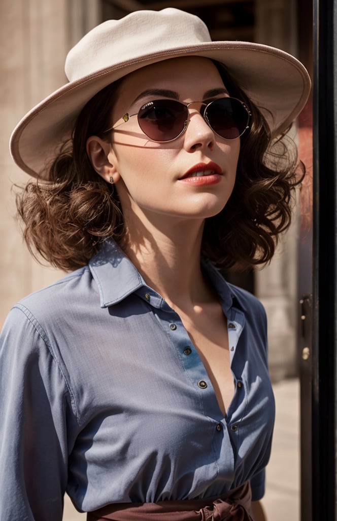 New Look .Long curly hair.Short curly hair.1950s European and American hats.Cat's Eye Sunglasses.gorgeous female.Floor length skirt.looking at viewer, portrait, photography, detailed skin, realistic, photo-realistic, 8k, highly detailed, full length frame, High detail RAW color art, piercing, diffused soft lighting, shallow depth of field, sharp focus, hyperrealism, cinematic ,chuuChloe