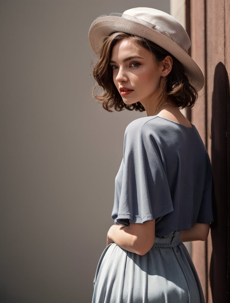 New Look .Long curly hair.Short curly hair.1950s European and American hats.gorgeous female.Floor length skirt.looking at viewer, portrait, photography, detailed skin, realistic, photo-realistic, 8k, highly detailed, full length frame, High detail RAW color art, piercing, diffused soft lighting, shallow depth of field, sharp focus, hyperrealism, cinematic ,chuuChloe