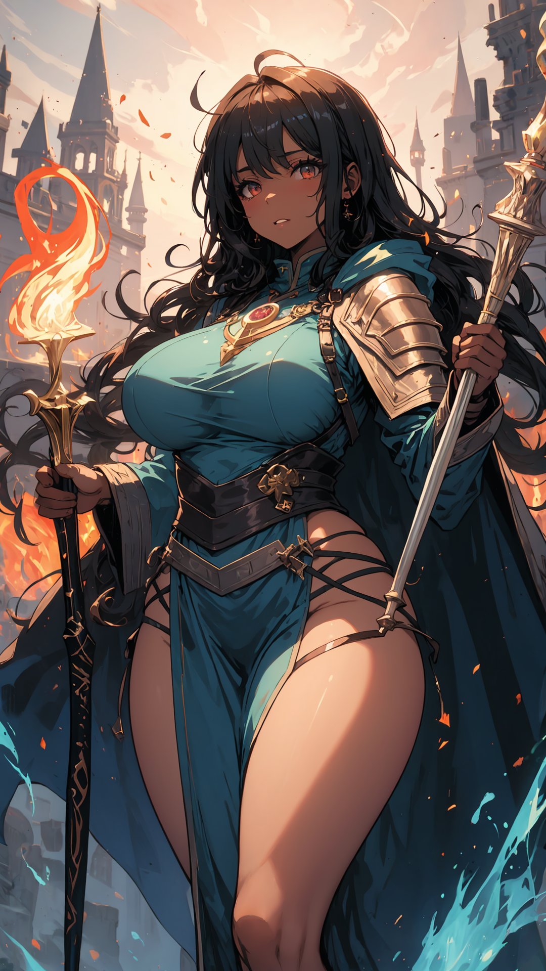 masterpiece, best quality, big_breasts, thick thighs, long_hair , colored_skin, magic_girl, flames , fantasy, wizards, cloak, white_skin , wizard staff, aura, ki, blue fire ,Niji Kei