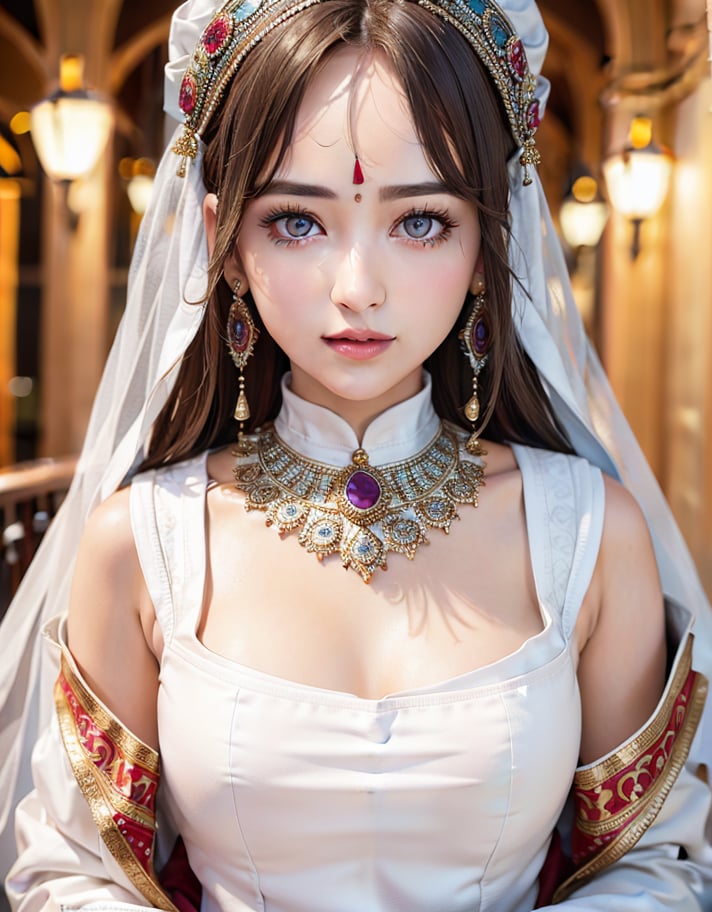 masterpiece,1girl, (colorful), (finely detailed beautiful eyes and detailed face), bust shot, elegant pose, fully dressed, (beautiful, ethnic, exquisite white clothing) , looking at the camera, cinematic lighting , smooth skin tone, fair skin, (snowy background )