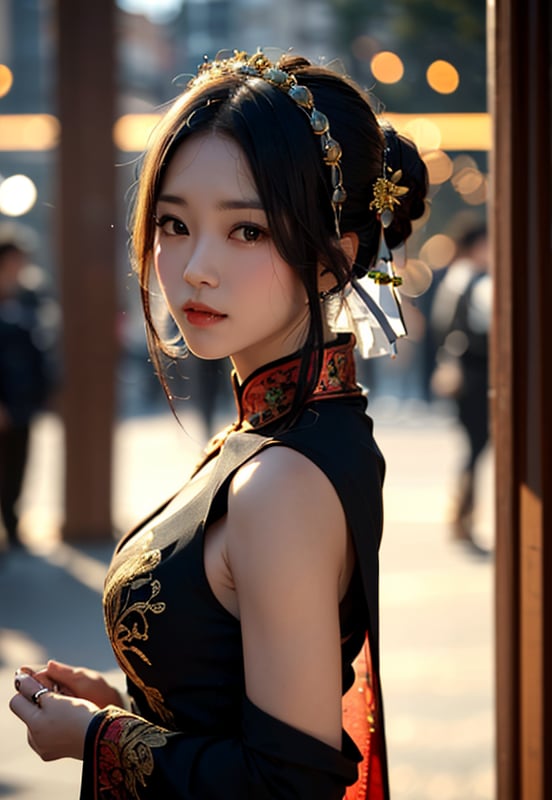 1girl, (masterpiece), ultra-equisite, dark background,  exposure blend, bust shot, bokeh, (hdr:1.4), high contrast, low saturation, ethnic Chinese dress,   blurred_background