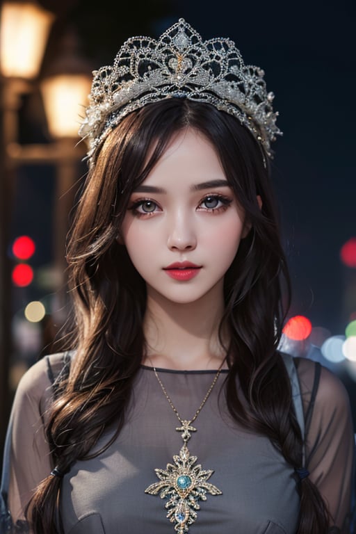 masterpiece, best quality, raw photo, 1girl, trendy hairstyle, bright grey eyes, detailed eyes and face, half body,  cinematic lighting, brim lighting, (dark, night, streets, lamps, blurred background), bokeh, deep shadow, low key, ( exquisite clothing, filigree)