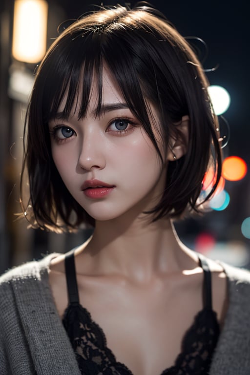 masterpiece, best quality, raw photo, 1girl, short hair, bright grey eyes, detailed eyes and face, bust shot portrait,  cinematic lighting, brim lighting, ( dark, night, streets, lamps, blurred background), bokeh, deep shadow, low key,  