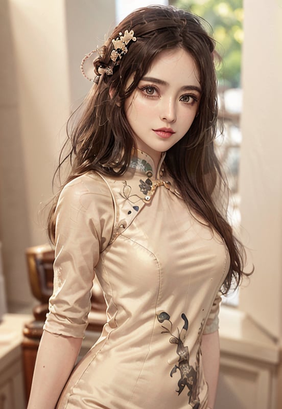 1girl, (masterpiece), ultra-equisite, dark background,  exposure blend, bust shot, bokeh, (hdr:1.4), high contrast, low saturation, (ethnic Chinese dress,beige color),   blurred_background,
