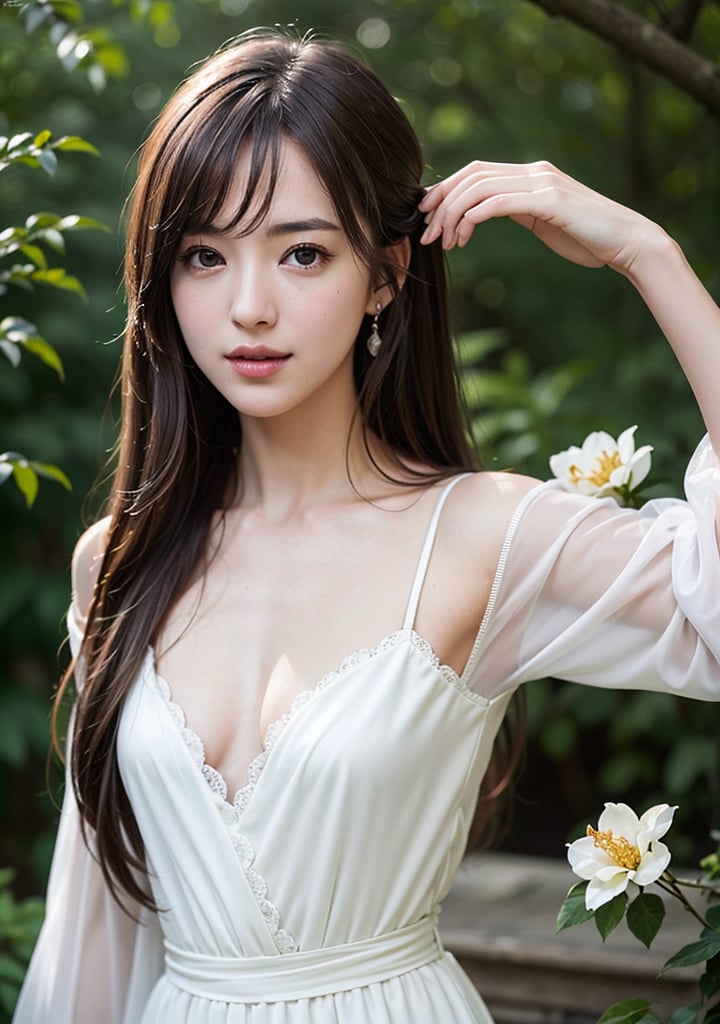  1girl, solo, long hair, brown hair, white flowy dress, detailed facial features, photorealistic, masterpiece, (woods, bushes, flowers, background)  best quality, raw photo,half_body, (alluring face), detached sleeves, small breasts, blouse,  outdoor, dynamic pose, looking at viewer, extremely detailed, ultra-detailed, hyper detailed, fine detail, intricate detail, rim lighting, ray tracing, depth of field, highres, an extremely delicate and beautiful, hdr