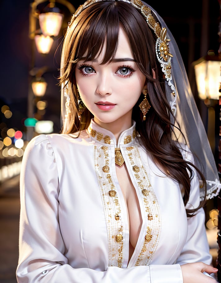 masterpiece,1girl, (colorful), (finely detailed beautiful eyes and detailed face), bust shot, elegant pose, fully dressed, (beautiful, ethnic, exquisite white clothing, silk) , looking at the camera, cinematic lighting , smooth skin tone, fair skin, (night, blurred streets, lamps, dark background )