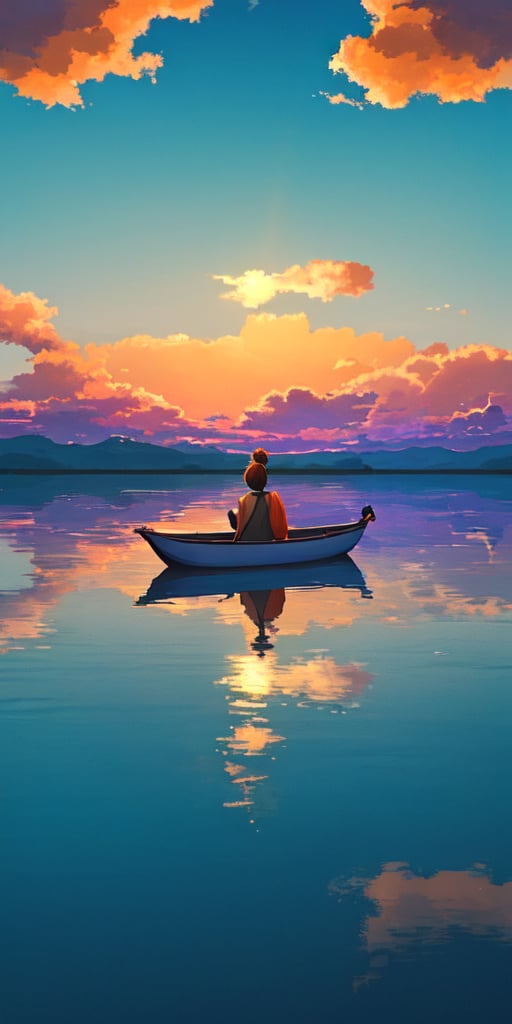 Back view of Someone in the boat, floating on lake, magneficent view, dazling sky, windly vast cloud, golden sun-light on far away, water reflection:1.2,  (floating lotus:0.5) on near side, (teal and orange), bright to dark, anime scenery, beautiful 8k wallpaper, 