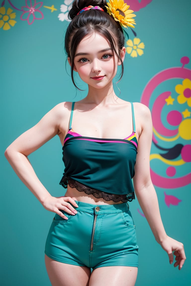 22 years old ukrainian woman, chignon, close-up, smile, (multicolored camisole), (teal background), standing