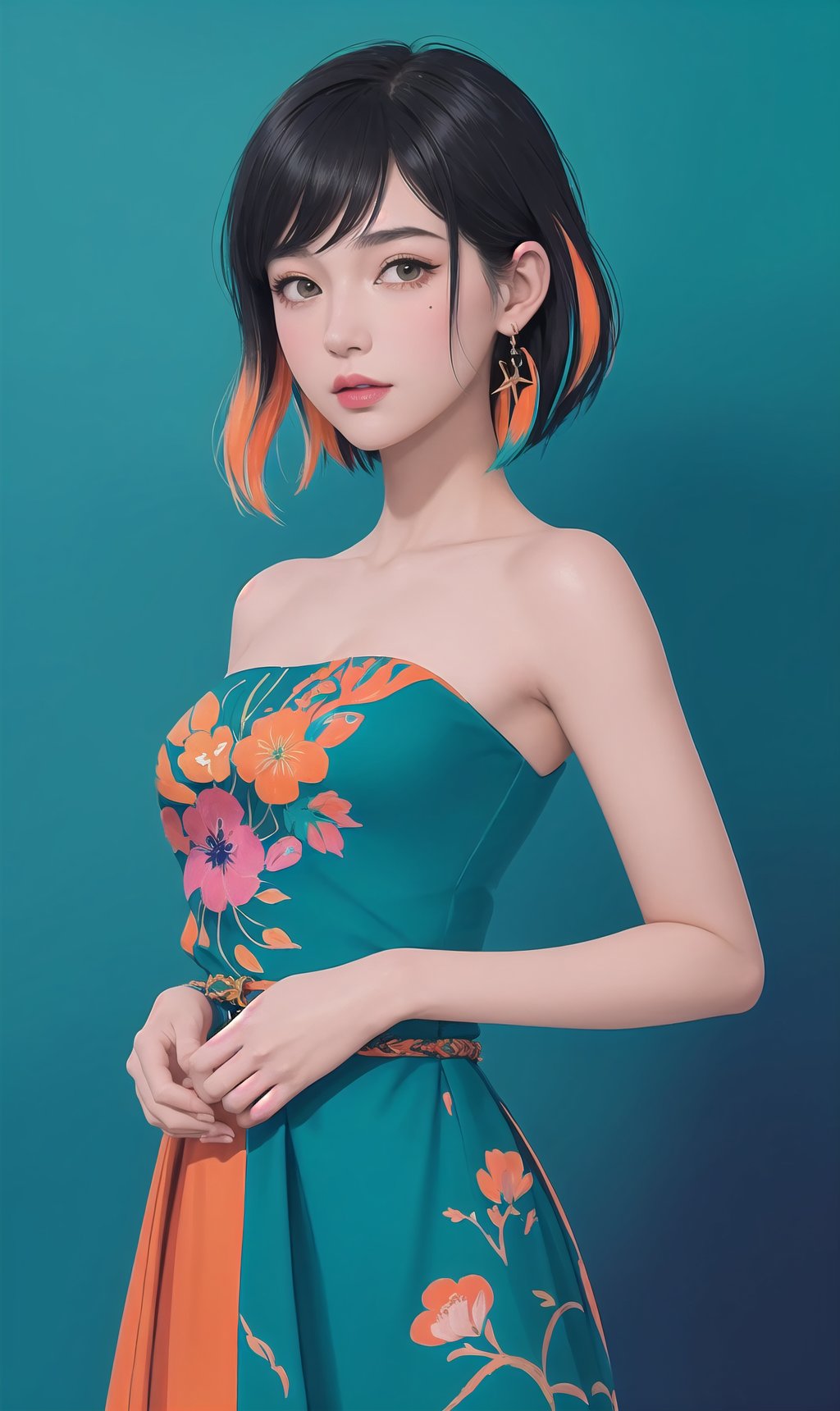 2D, CG illustration, Girlish Painting:1.4, Hyper-detailed:1.2, Colorful:1.3, (best quality,masterpiece,highly detailed), 1girl, stylish idol, unreal engin 5, octane render, 2D:1.25, limited palette flat color, digital painting, artstation, concept art, smooth, sharp focus, art by Bak Karol, oil painting, acrylic paint:1.2, (colorful:1.5), watercolor:1.1, ( by: nvinkpunk, kuvshinov:1.0), dream-like, samdoesart, ((teal and orange background)), (modelshoot style, by Koho Shoda, Mike Mignola, Joop Polder), Classicism Art