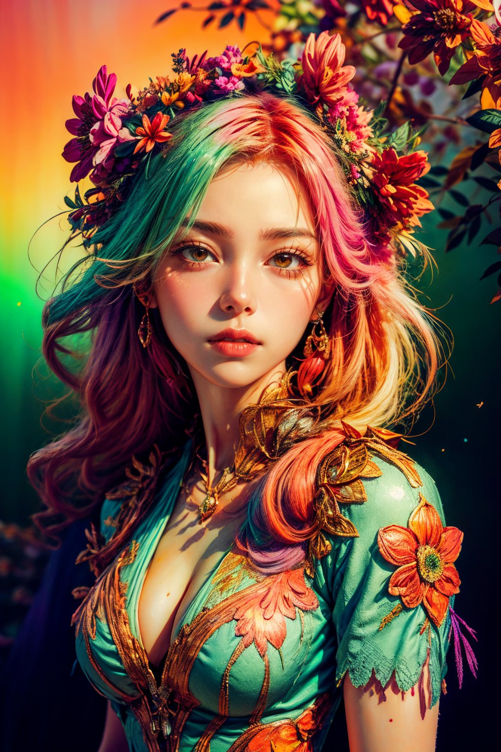 Realistic,realistic skin and face, woman, flower dress, colorful, darl background,flower armor,green theme,exposure blend, medium shot, bokeh, (hdr:1.4), high contrast, (cinematic, teal and orange:0.85), (muted colors, dim colors, soothing tones:1.3), low saturation,big_boobies, skin textures:1.2, deep cleavage,full_body, ,Realism,Detailedface