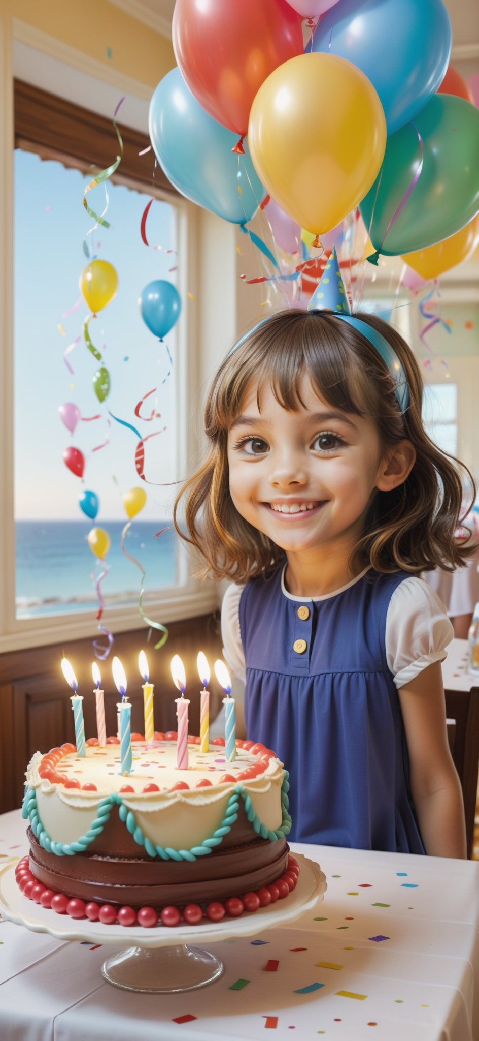 2D, cute young girl, smiling, at a Birthday party in a dining room of a seaside house, ((("Happy Birthday Shanda"))), balloons and streamers, tiered birthday cake, surrounded by kids, girls, and boys, (style of Skottie Young:1.3) 
(masterpiece, best quality:1.5), text as ""