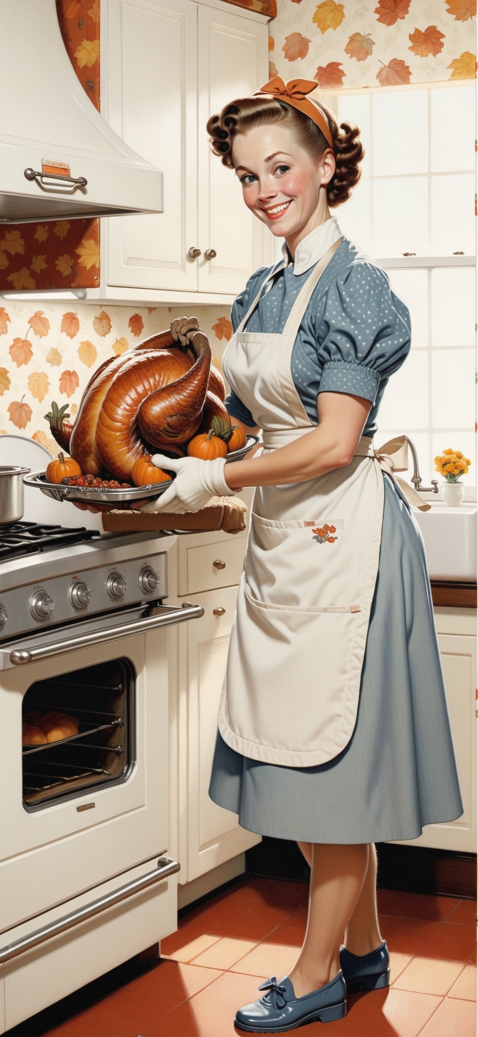 2D, ((cute mom)), smiling, taking a Thanksgiving Turkey out of the oven, wearing oven mitts, in the kitchen, decorative wallpaper, autumn outside, (style of Norman Rockwell:1.3), (masterpiece, best quality:1.5)