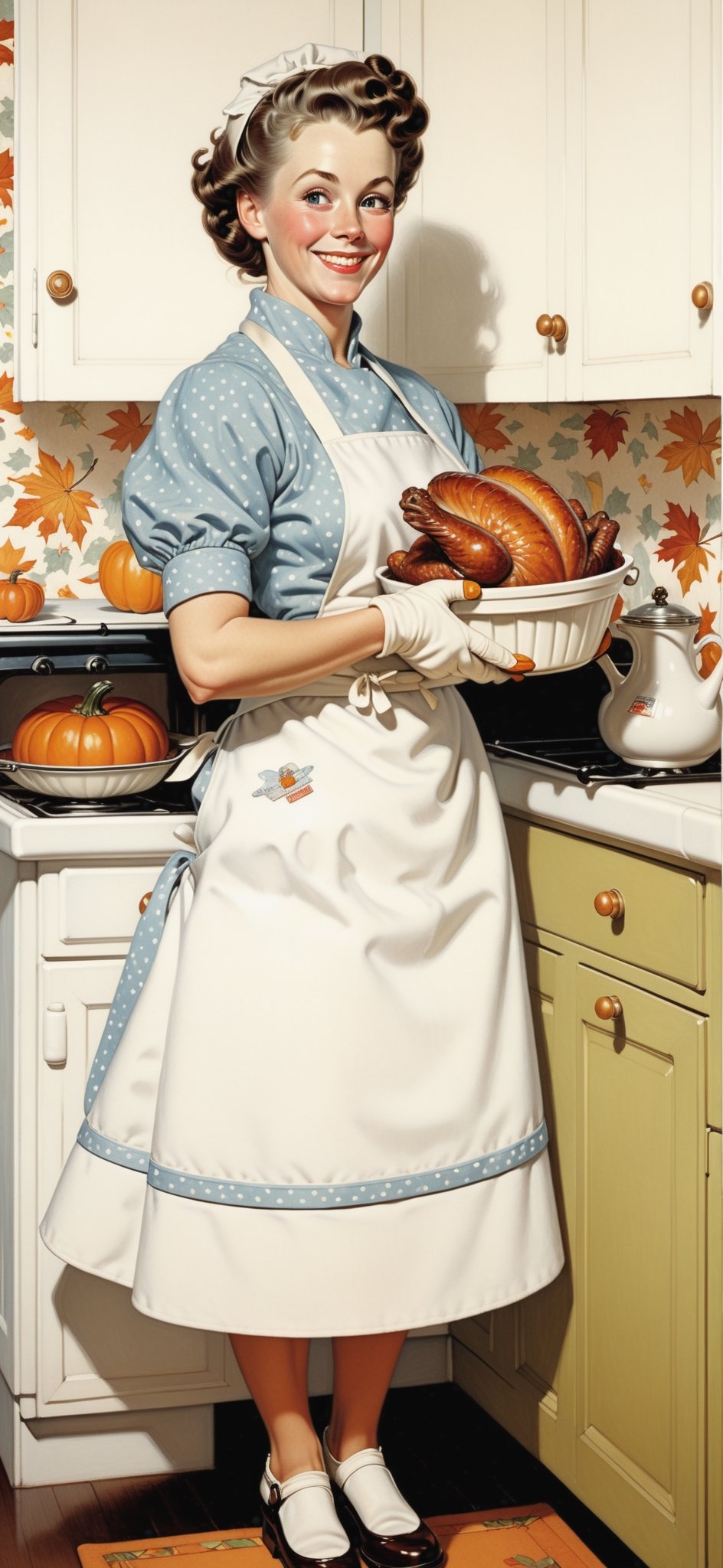 2D, ((cute mom)), smiling, taking a Thanksgiving Turkey out of the oven, wearing oven mitts, in the kitchen, decorative wallpaper, autumn outside, (style of Norman Rockwell:1.3), (masterpiece, best quality:1.5)