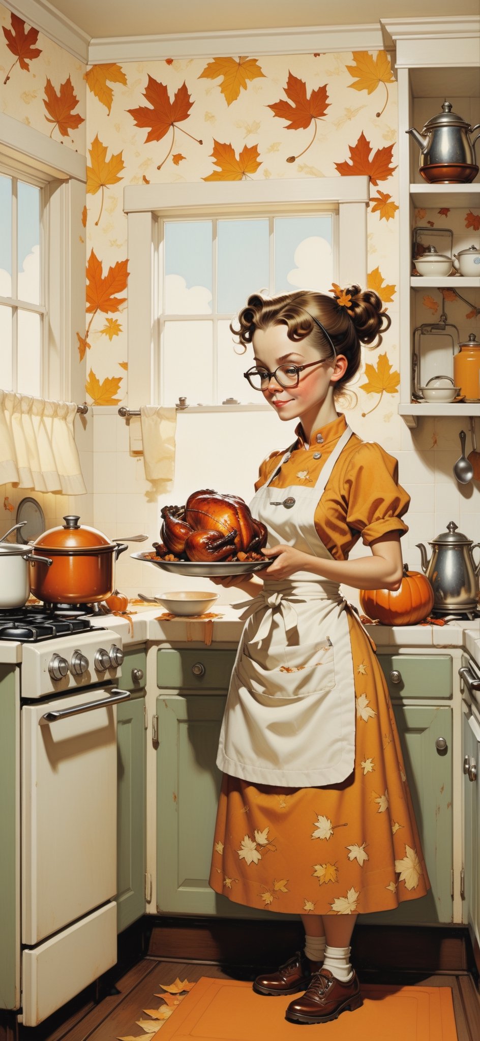 2D, ((cute mom)), cooking a burned Thanksgiving Turkey, in the kitchen, decorative wallpaper, autumn outside, (style of Skottie Young:1.3), (Norman Rockwell:1.3), (masterpiece, best quality:1.5)