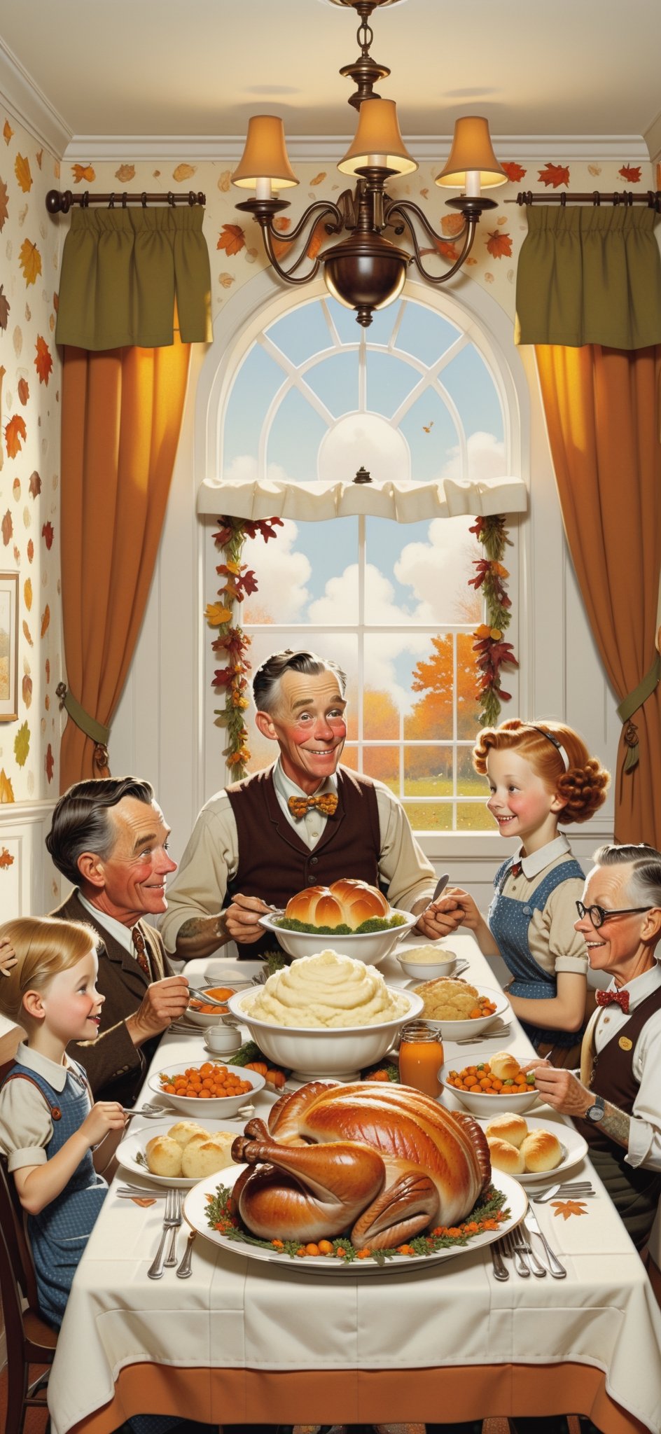 2D, ((cute family)), having Thanksgiving Dinner, in a dining room, ((cooked turkey, mashed potato, vegetables, bread rolls)), decorative wallpaper, autumn outside, (style of Skottie Young:1.3), (Norman Rockwell:1.3), (masterpiece, best quality:1.5)