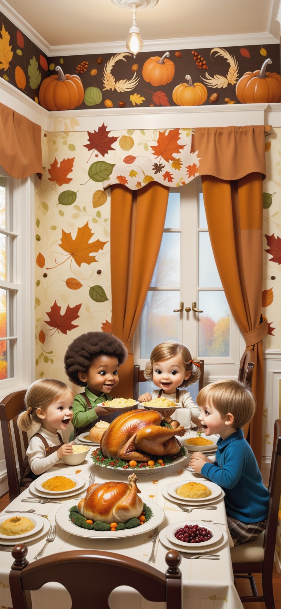 2D, ((4 cute kids)), ((two boys, two girls)), having Thanksgiving Dinner, in a dining room, ((turkey, mashed potato, vegetables, bread rolls)), decorative wallpaper, autumn outside, (style of Skottie Young:1.3) 
(masterpiece, best quality:1.5)