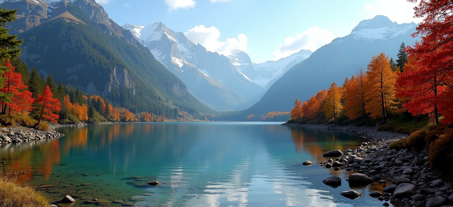 Beautiful small Mountain Lake in the Autumn (red, orange, yellow, green trees), with slightly wavy water and snowcapped mountains, (no haze), (no fog), view from shoreline, high noon, dramatic lighting