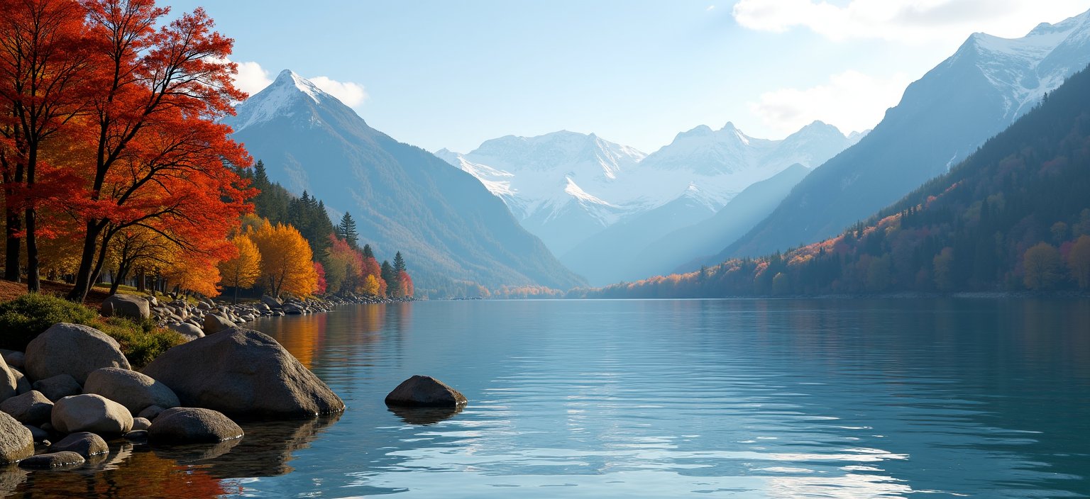 Beautiful Mountain Lake in the Autumn (red, orange, yellow, green trees), with slightly wavy water and snowcapped mountains, (no haze), view from shoreline