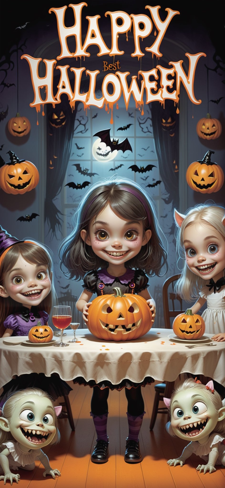 2D, creepy, cute young girl, smiling, at a halloween party in a dining room, (((holding a sign that says "Happy Halloween"))), surrounded by monsters (ghosts, vampires, werewolves, witches), (style of Skottie Young:1.3) 
(masterpiece, best quality:1.5), text as ""