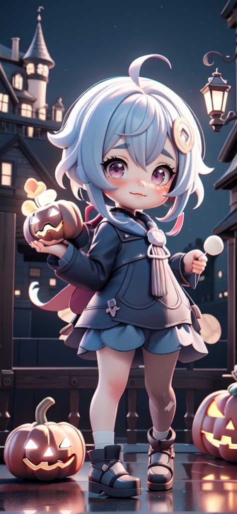 a poster with a cartoon character, qiqi (genshin impact), chibi, (in a haunted amusement park), Halloween atmosphere, Halloween decorations, holding Halloween candy, animation style rendering, cute 3D rendering, small characters, Unreal Engine 5, stylized anime, cute detailed digital art, Atey Ghailan 8 K, stylized 3D rendering, adventure surreal rendering, anime style 3D, 3D rendering style, super cute image that sparks joy, 3D style, 1girl, chibi, High detail 