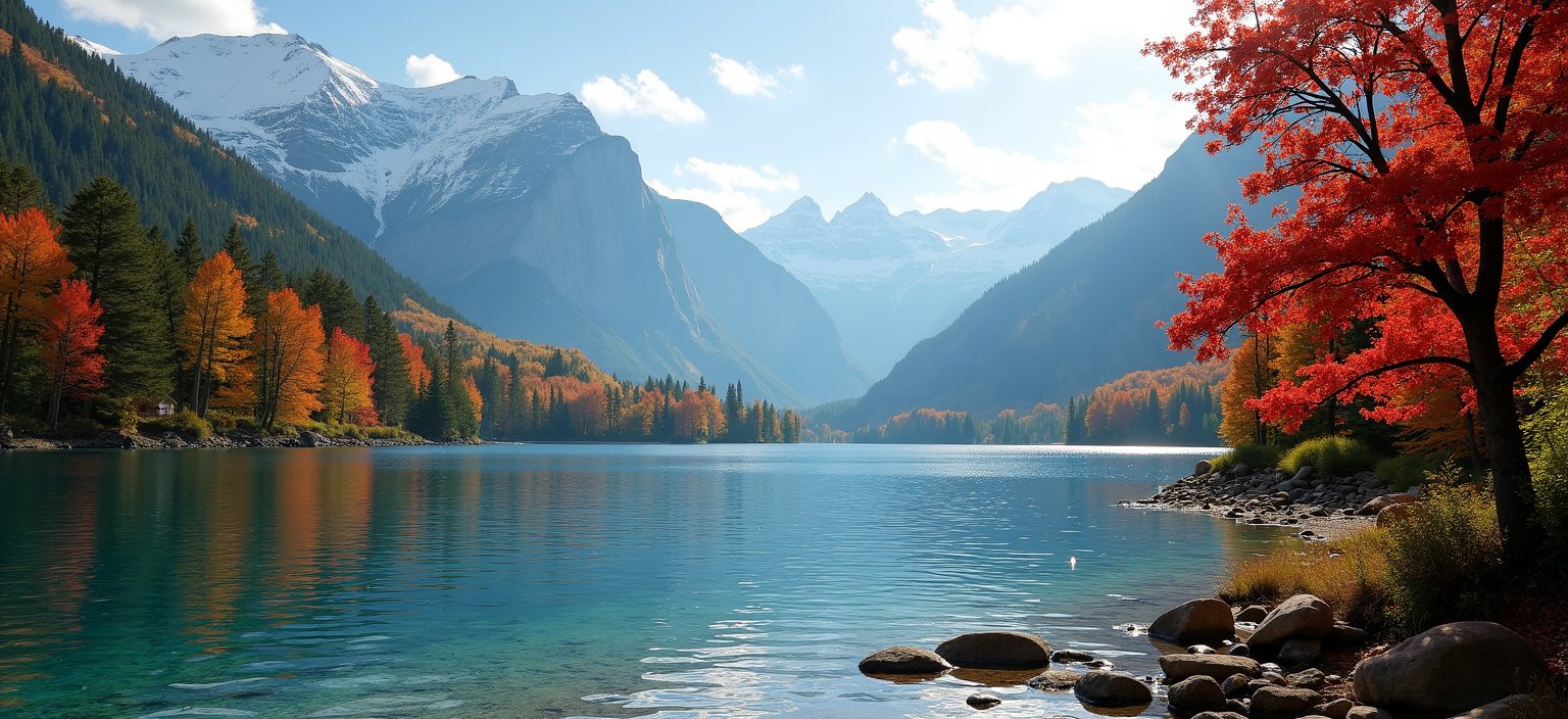 Beautiful small Mountain Lake in the Autumn (red, orange, yellow, green trees), with slightly wavy water and snowcapped mountains, (no haze), (no fog), view from shoreline, high noon, dramatic lighting