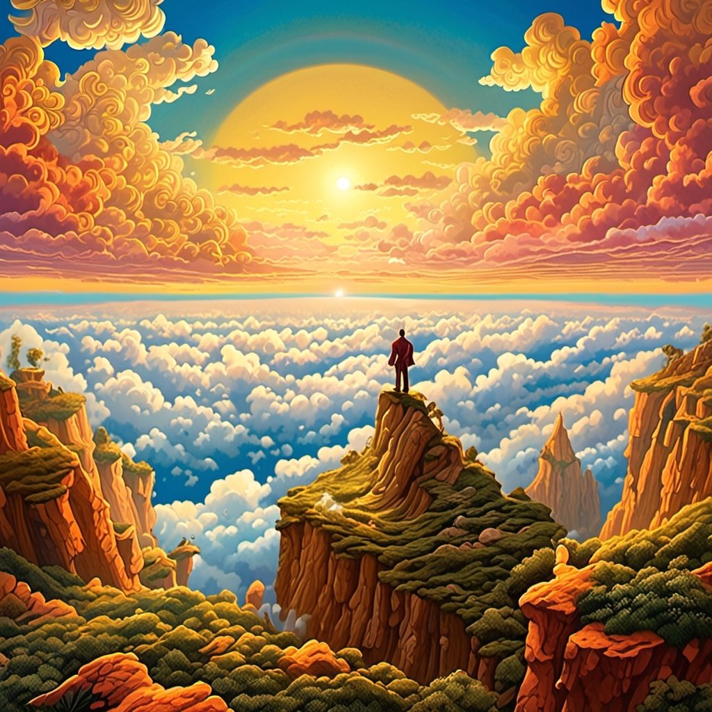 Leonardo Style, A mesmerizing photograph of a man standing at the edge of a cliff, overlooking a sea of clouds that stretches out below. The setting sun bathes the scene in warm, golden light, and the man's outstretched arms seem to draw energy from the sun itself, creating a stunning contrast between the earthly and celestial realms in this surreal masterpiece, colorful, detailed, 4k, pro vector, full design, Alchemy Smooth Upscaled Image,