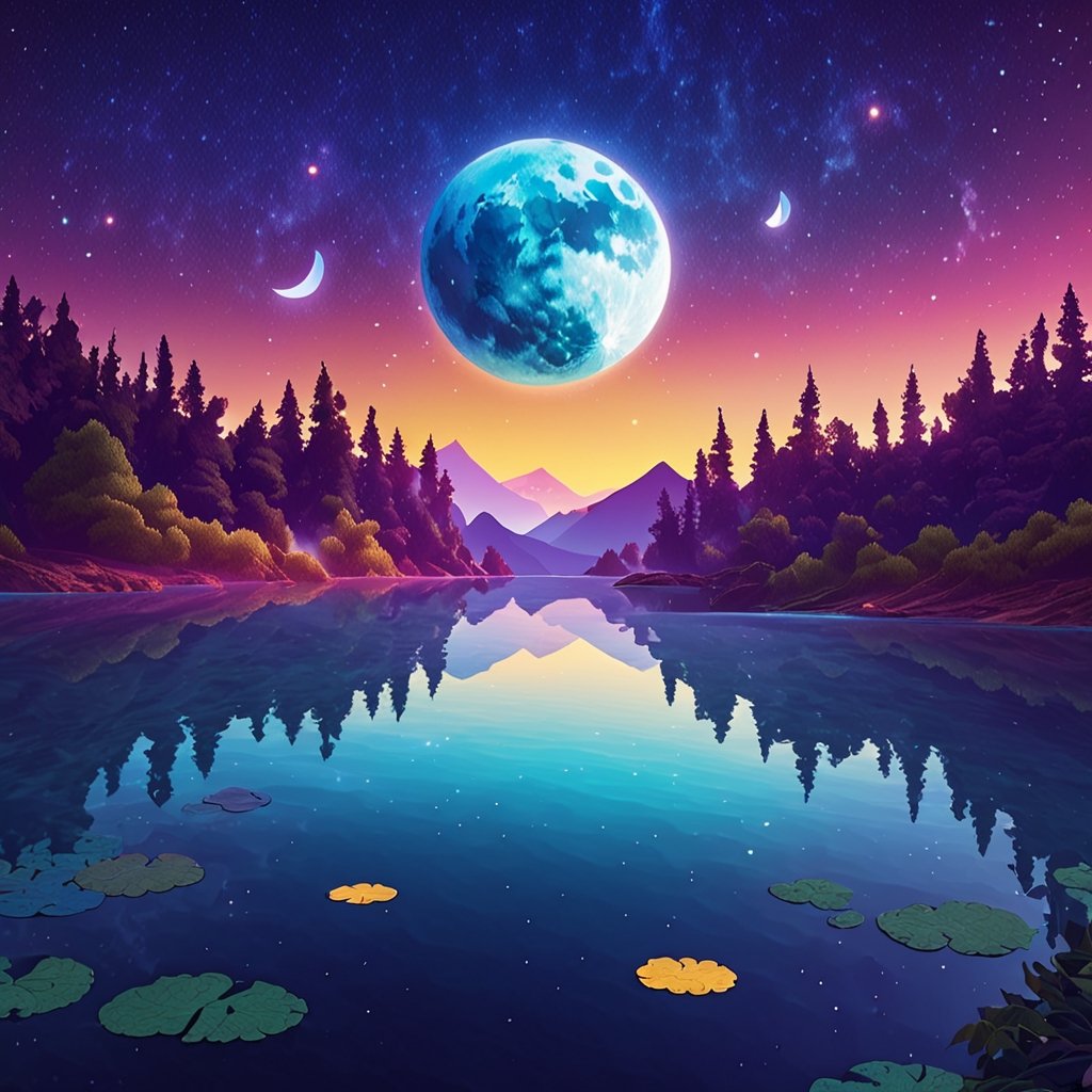 Leonardo Style, A serene photograph capturing the essence of Yin and Yang in nature: a calm lake reflecting a clear night sky with a half-moon, where the dark and light halves of the moon are mirrored perfectly in the water, symbolizing cosmic harmony and balance, ensuring a visually stunning masterpiece, colorful, detailed, 4k, pro vector, full design, Alchemy Smooth Upscaled