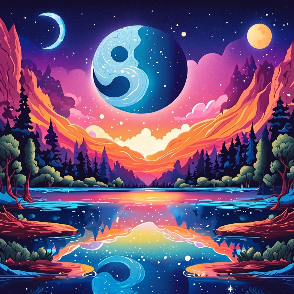 Leonardo Style, A serene photograph capturing the essence of Yin and Yang in nature: a calm lake reflecting a clear night sky with a half-moon, where the dark and light halves of the moon are mirrored perfectly in the water, symbolizing cosmic harmony and balance, ensuring a visually stunning masterpiece, colorful, detailed, 4k, pro vector, full design, Alchemy Smooth Upscaled