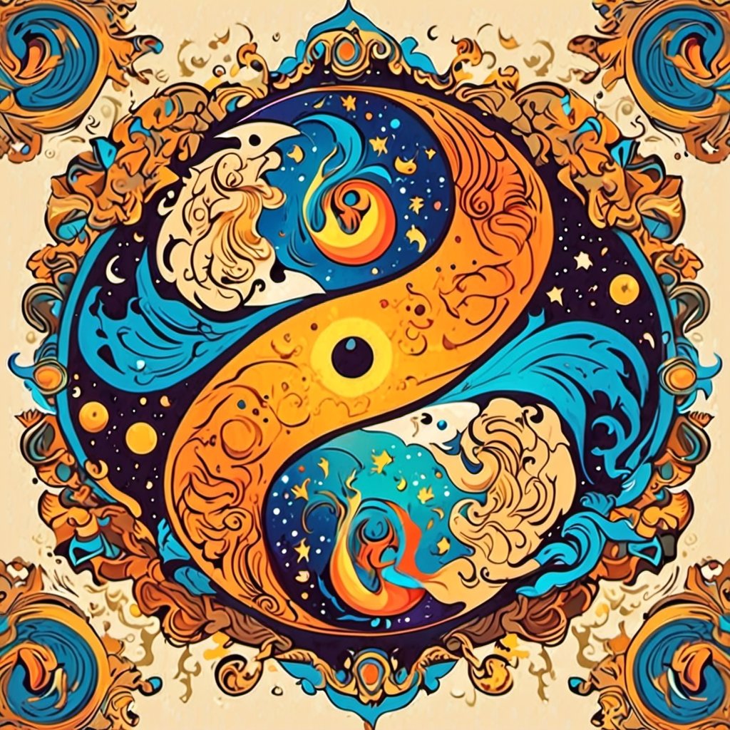 Leonardo Style, Exquisite representation of the Yin and Yang energies merging flawlessly, symbolizing cosmic unity, ensuring a visually stunning masterpiece, colorful, detailed, 4k, pro vector, full design, Alchemy Smooth Upscaled