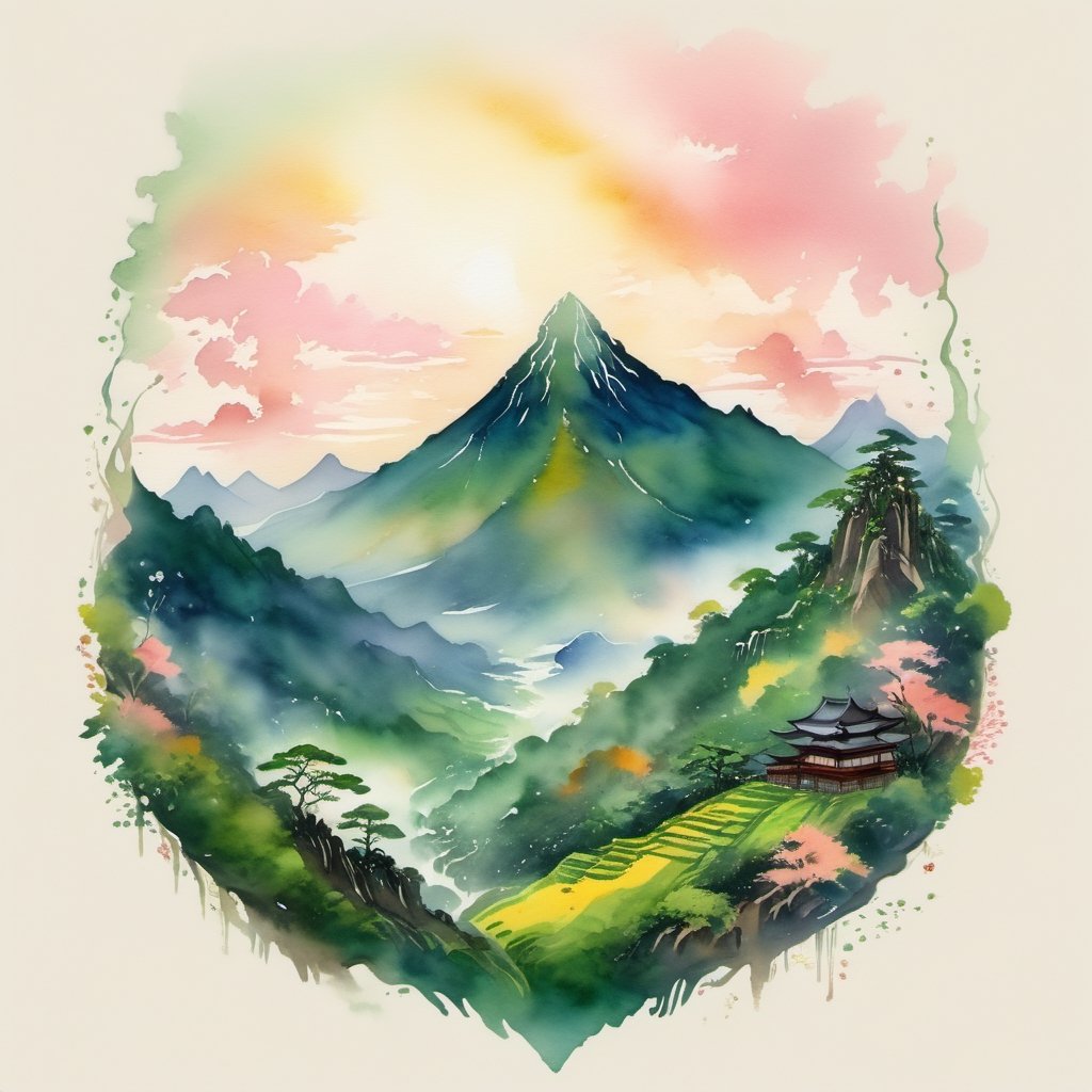 A serene mountain peak bathed in the soft glow of a setting sun, its slopes covered in lush greenery. Wisps of mist rise from the forest below as a lone figure in traditional Japanese attire meditates amidst the tranquil beauty, connecting with the universe. The scene is an exquisite blend of Ghibli's whimsy and nature's majesty, rendered with vivid watercolors and delicate brushstrokes, evoking a sense of wonder and self-discovery.,Leonardo Style,tshirt design