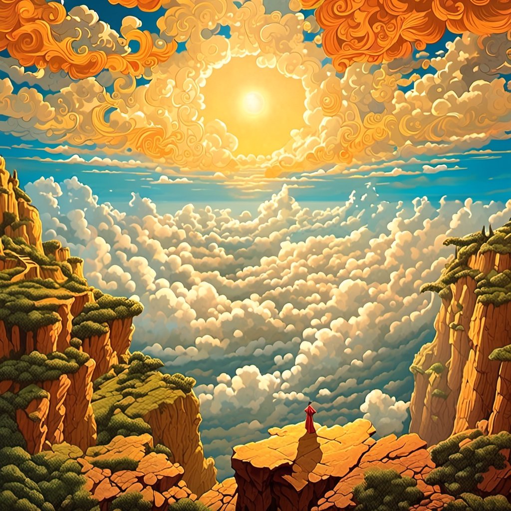 Leonardo Style, A mesmerizing photograph of a man standing at the edge of a cliff, overlooking a sea of clouds that stretches out below. The setting sun bathes the scene in warm, golden light, and the man's outstretched arms seem to draw energy from the sun itself, creating a stunning contrast between the earthly and celestial realms in this surreal masterpiece, colorful, detailed, 4k, pro vector, full design, Alchemy Smooth Upscaled Image,