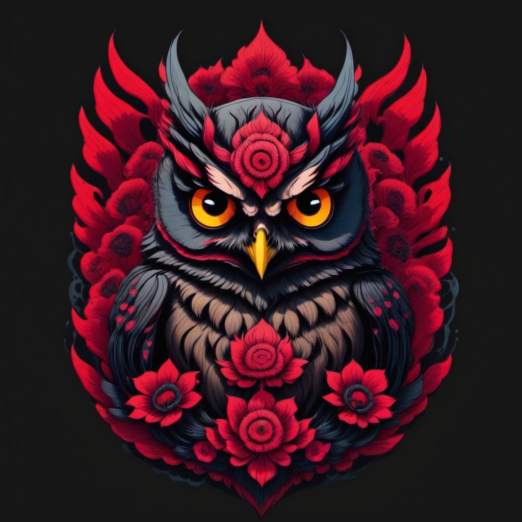 Leonardo Style, owl in oni style, illustration, flower, no humans, black background, simple background,