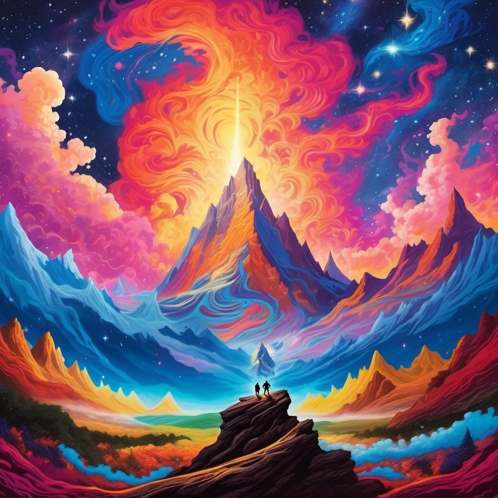 Leonardo Style, A breathtaking landscape painting depicting a lone man standing in front of a towering, snow-capped mountain. He raises his arms, harnessing the cosmic energy of the universe, while the night sky above is ablaze with swirling nebulas and distant galaxies. The man's silhouette radiates power and determination in this surreal masterpiece, colorful, detailed, 4k, pro vector, full design, Alchemy Smooth Upscaled Image,