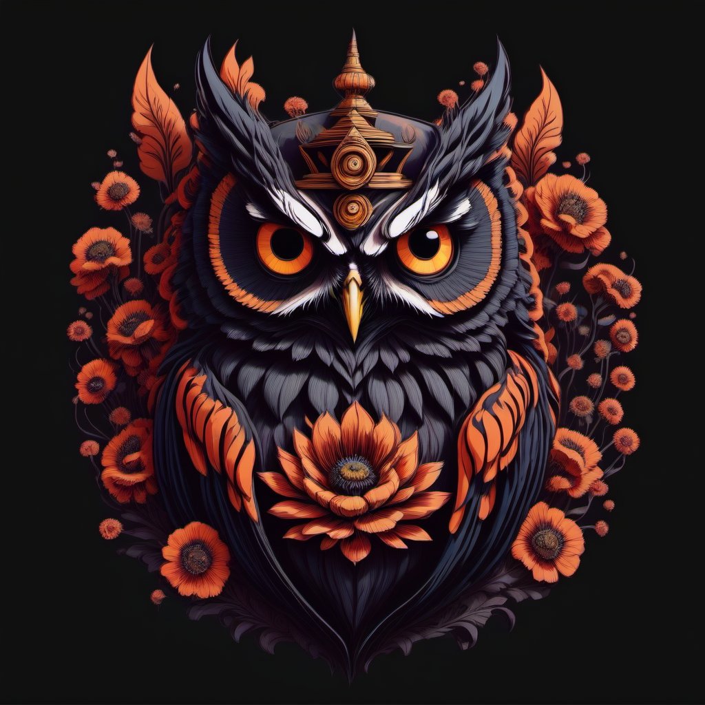 Leonardo Style, owl in oni style, illustration, flower, no humans, black background, simple background,