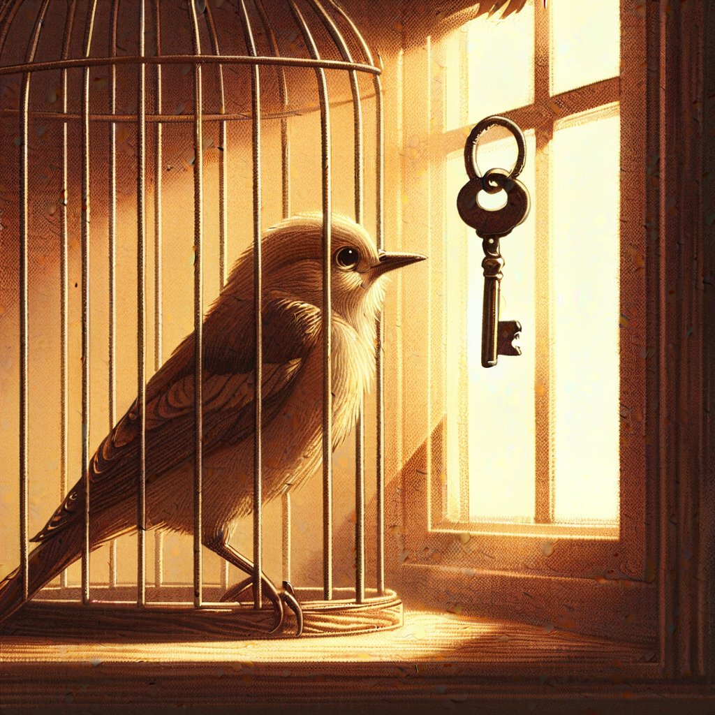 A bird trapped in a cage, with a key dangling just out of reach. The bird is looking longingly at a window, representing freedom. Dramatic lighting, golden hour. Soft, natural light, digital art, hand drawn, hand painted, neatly drawn. Picture should be extremely detailed.