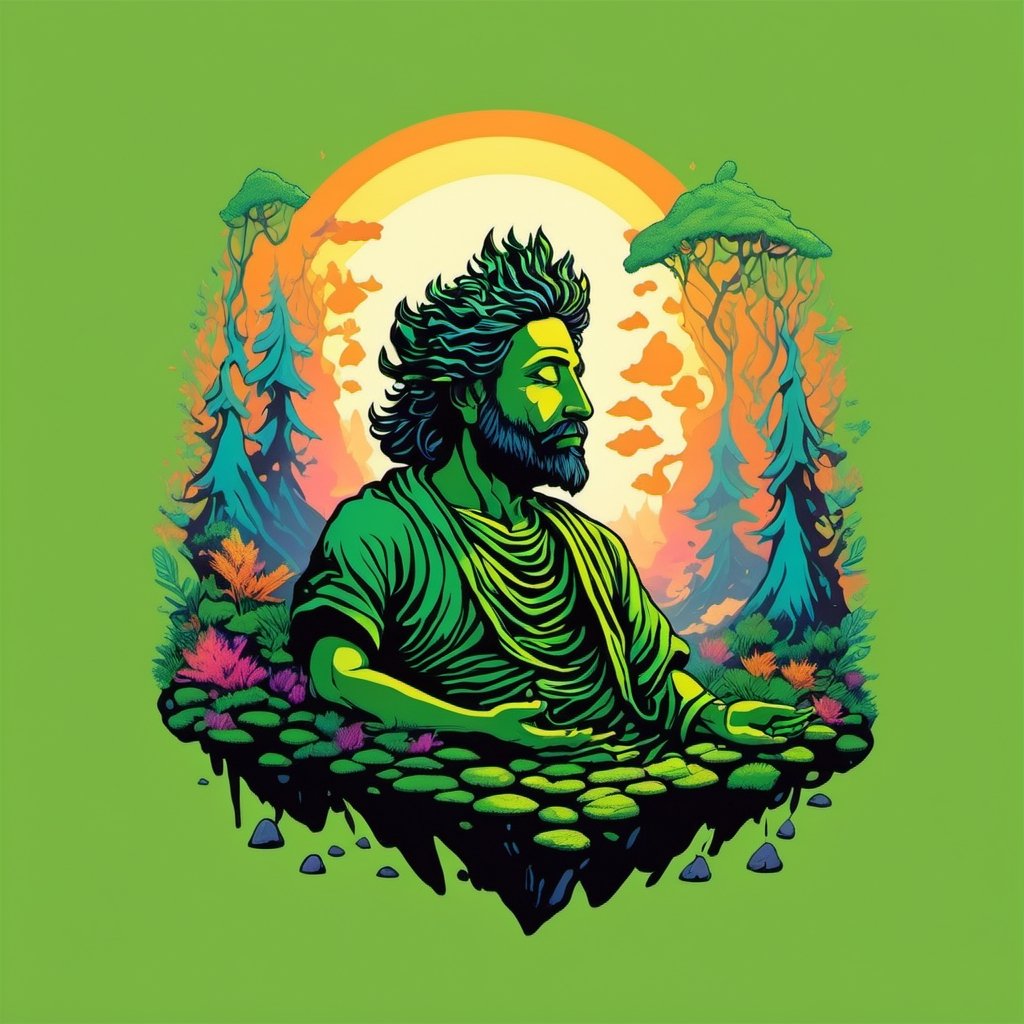 Leonardo Style,tshirt design, neon light art, In the heart of a serene forest, a man in deep meditation sits cross-legged atop a moss-covered rock. The dappled sunlight filters through the leaves, creating a mesmerizing dance of light and shadow. His connection to nature and the energy of the earth is palpable, evoking a sense of peace and tranquility, colorful, detailed, 4k, T-shirt design, streetwear design, pro vector, full design, Alchemy Smooth Upscaled Image