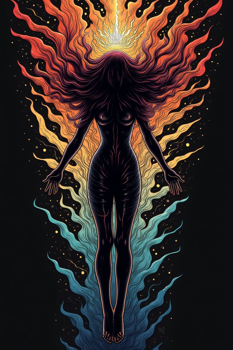 fluxtration, vector art, person, floating, floating_hair, meditative, darkness ruin, bad energy, swirling energy from body, darkness, solo, simple background, digital art, hand drawn, hand painted, neatly drawn,