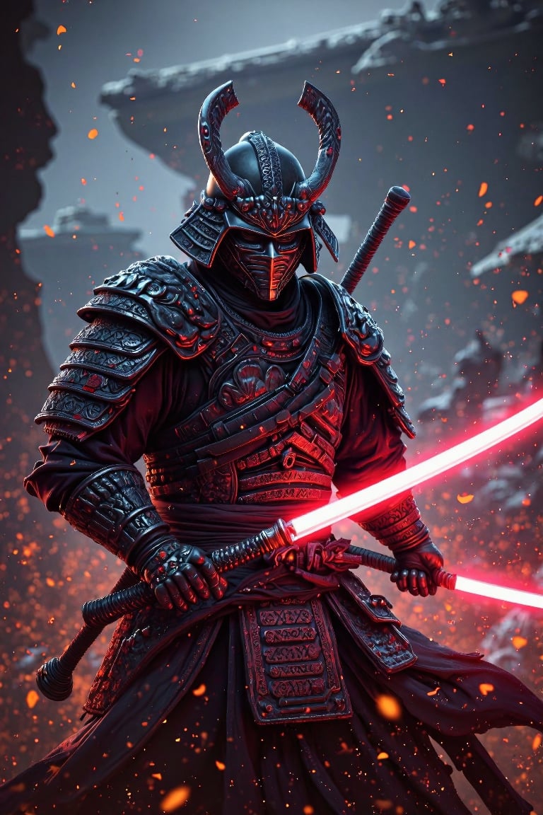 Samurai, 2 Light saber clashing, space ship background, unreal engine, ultra realistic, 8k, hyper detailed 