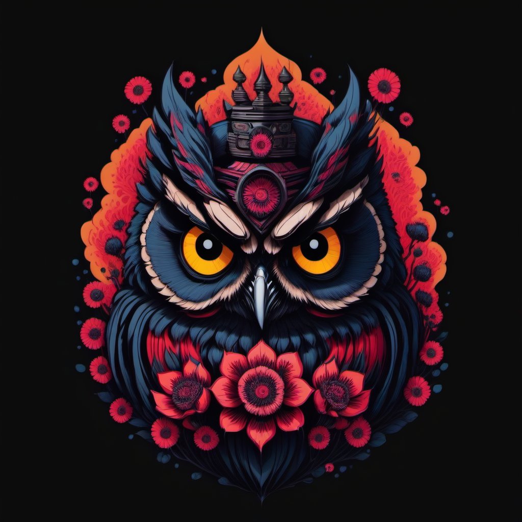 Leonardo Style, owl in oni style, illustration, flower, no humans, black background, simple background,