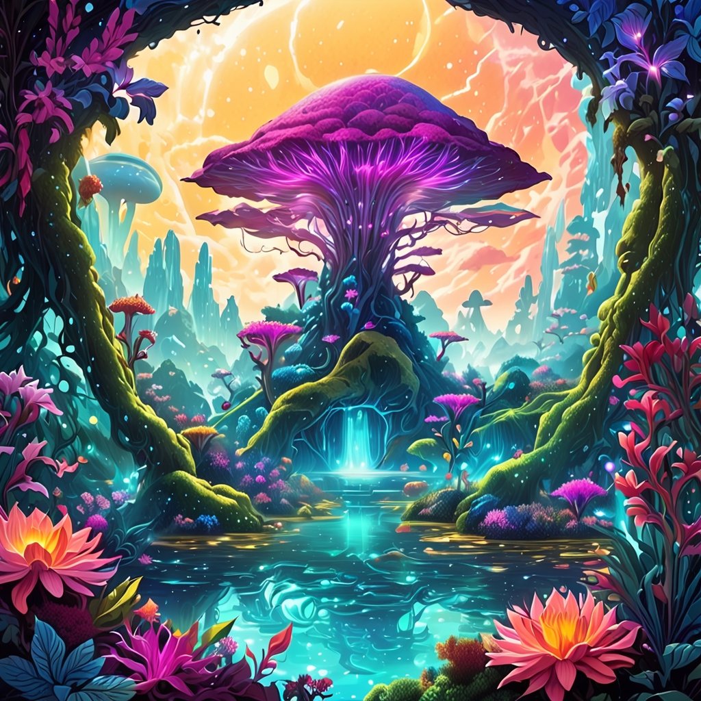 Leonardo Style, Cosmic energy flows gracefully through an ethereal garden, illuminating vibrant alien flora with its soft radiance. A celestial being, akin to a spirit, dances among the otherworldly blossoms. The scene is bathed in a surreal, otherworldly light, with an artist's touch that blends realism and fantasy. The medium is digital, creating a dreamlike atmosphere where every detail is meticulously rendered. The style is a fusion of science fiction and fantasy, with intricate details and hyper-detailed plants. The color scheme includes iridescent purples, blues, and greens, reminiscent of an alien paradise. The computer graphics are of the highest quality, ensuring a visually stunning masterpiece, colorful, detailed, 4k, pro vector, full design, Alchemy Smooth Upscaled