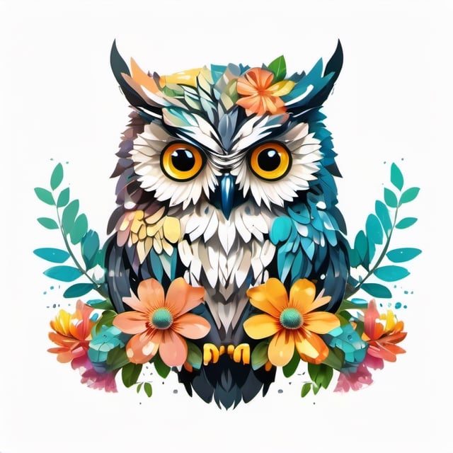 A detailed illustration a print of vintage owl head, flowers splash, t-shirt design, in the style of Studio Ghibli, pastel tetradic colors, white background, 3D vector art, cute and quirky, fantasy art, watercolor effect, bokeh, Adobe Illustrator, hand-drawn, digital painting, low-poly, soft lighting, bird's-eye view, isometric style, retro aesthetic, focused on the character, 4K resolution, photorealistic rendering, using Cinema 4D