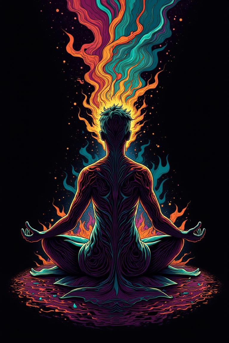 fluxtration, vector art, person, sitting, meditative, darkness ruin, bad energy, swirling energy from body, darkness, solo, simple background, digital art, hand drawn, hand painted, neatly drawn,